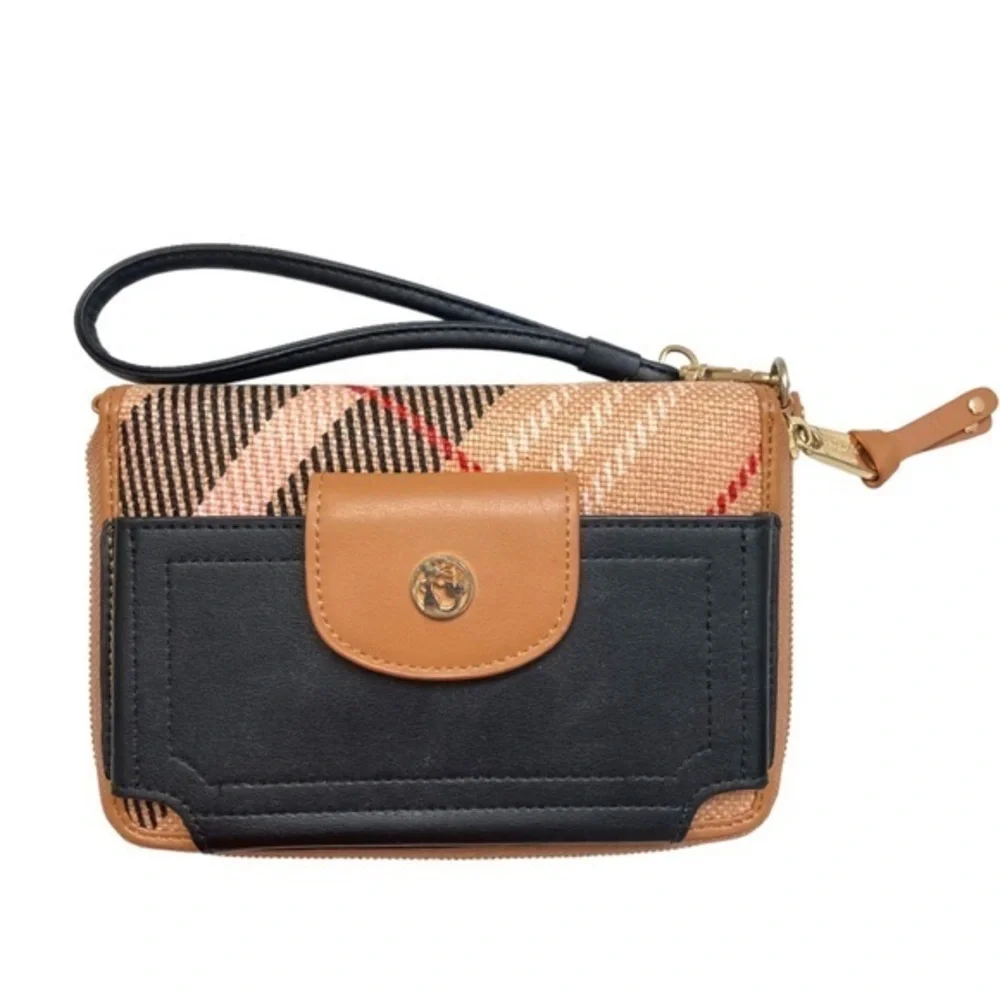 Spartina 449 pink plaid and black leather organizer clutch wristlet wallet bag